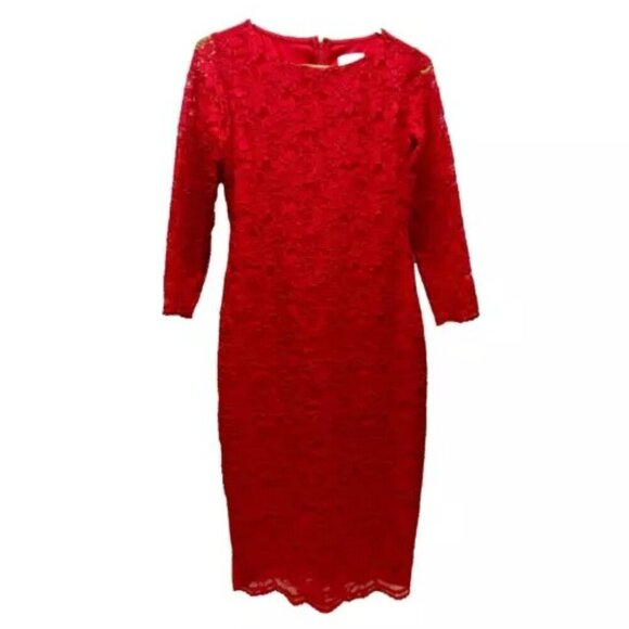 Calvin Klein Elegant Red Floral Lace Sheath Dress Size 2 Cocktail Holiday Midi - Picture 1 of 14